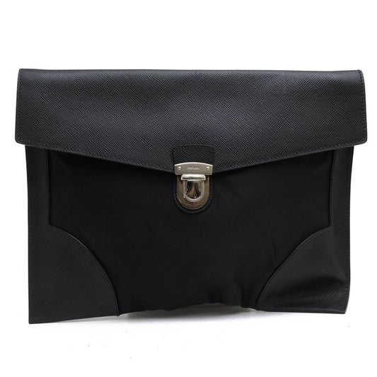 Prada Bag Second Bag Clutch Bag Men Bag Nylon Leather Genuine Leather Black