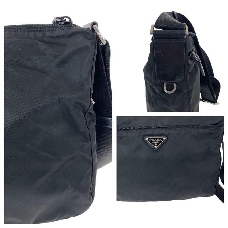 Prada Tessuto Triangle Logo Plate Black Silver Hardware Nylon Leather Shoulder