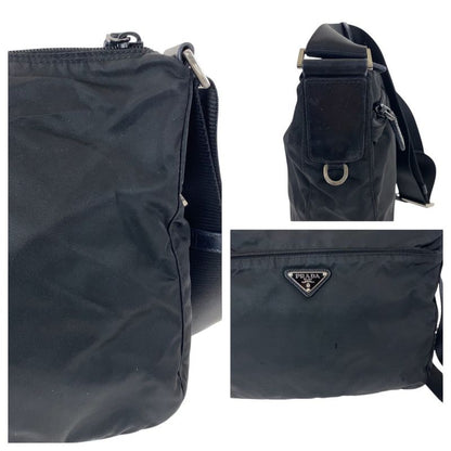 Prada Tessuto Triangle Logo Plate Black Silver Hardware Nylon Leather Shoulder