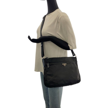 Prada Tessuto Triangle Logo Plate Black Silver Hardware Nylon Leather Shoulder