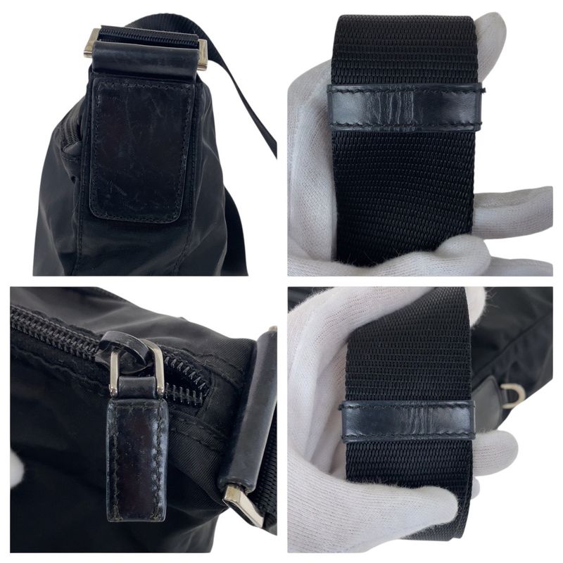 Prada Tessuto Triangle Logo Plate Black Silver Hardware Nylon Leather Shoulder