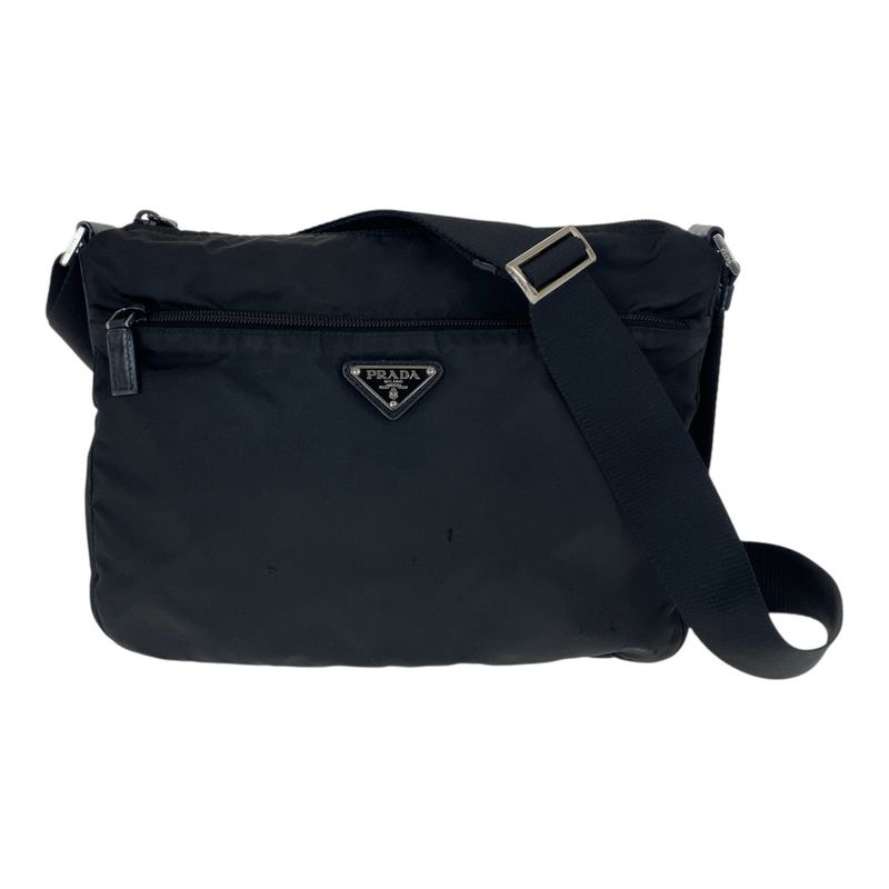 Prada Tessuto Triangle Logo Plate Black Silver Hardware Nylon Leather Shoulder