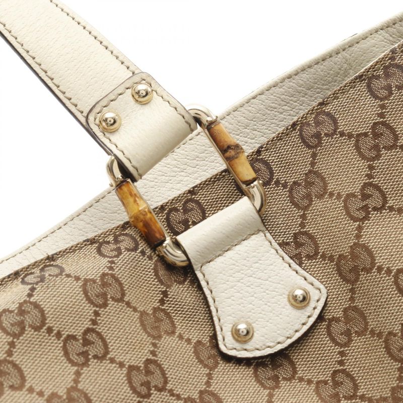 Gucci Tote Bamboo Horsebit GG Canvas 154375 Beige Ivory Canvas Leather Bamboo