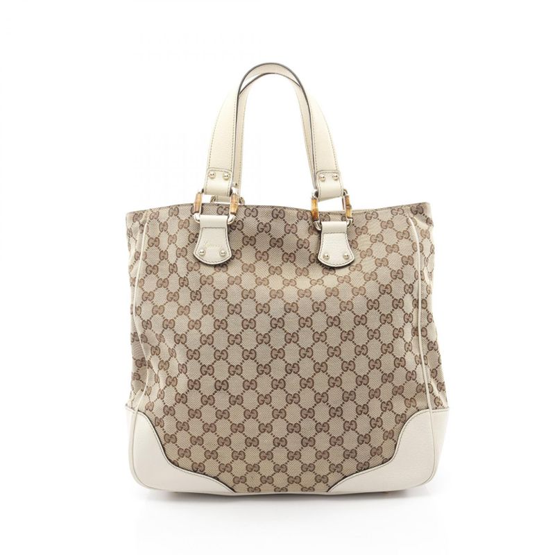 Gucci Tote Bamboo Horsebit GG Canvas 154375 Beige Ivory Canvas Leather Bamboo