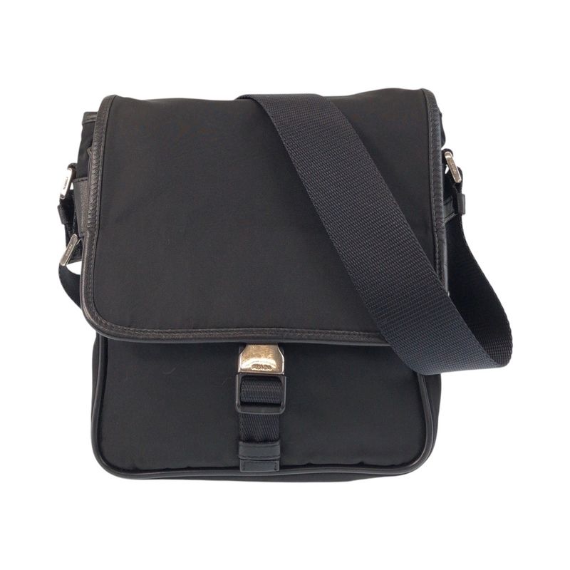Prada Tessuto Triangle Logo Plate Black Silver Hardware Nylon Shoulder Bag