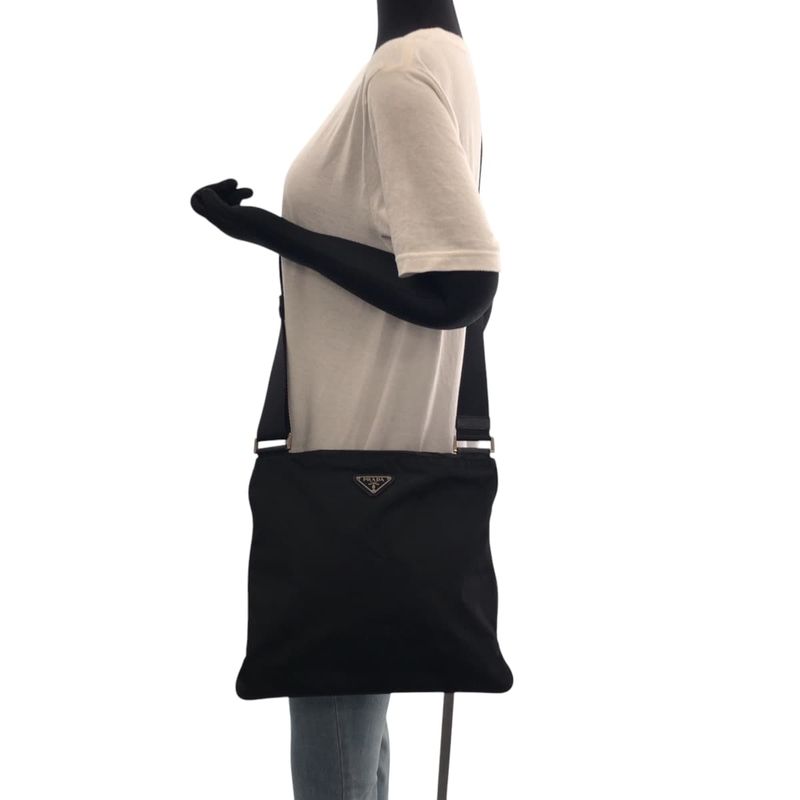 Prada Tessuto Triangle Logo Plate Black Silver Hardware Nylon Shoulder Bag