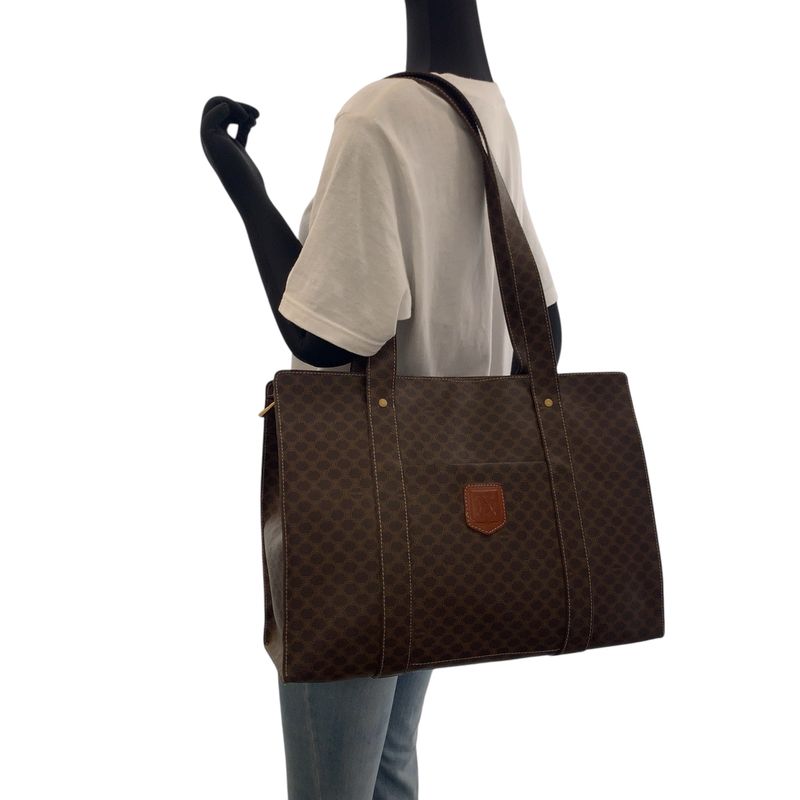 Celine Vintage Macadam Pattern Brown Gold Hardware PVC Mc96 Tote Bag Shoulder
