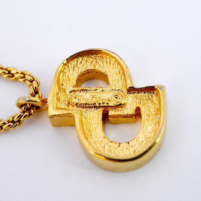 Christian Dior Necklace CD Logo GP Plated Rhinestone Gold Ladies