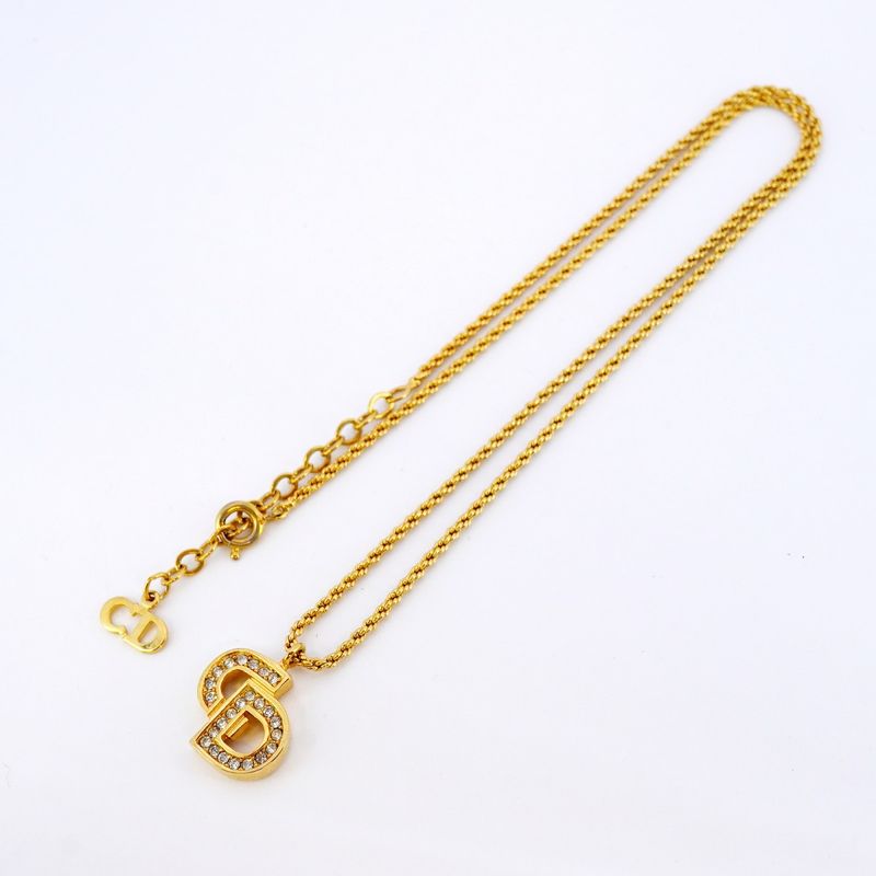 Christian Dior Necklace CD Logo GP Plated Rhinestone Gold Ladies