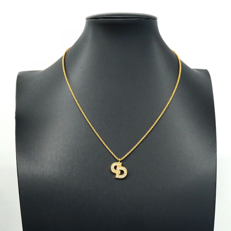 Christian Dior Necklace CD Logo GP Plated Rhinestone Gold Ladies