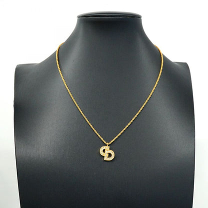 Christian Dior Necklace CD Logo GP Plated Rhinestone Gold Ladies