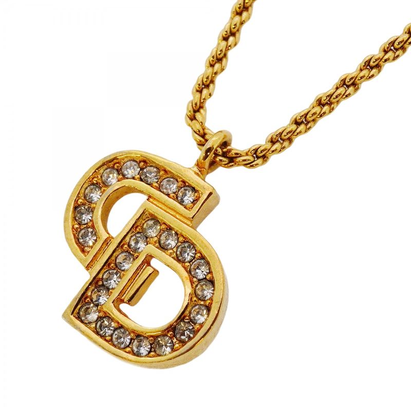 Christian Dior Necklace CD Logo GP Plated Rhinestone Gold Ladies