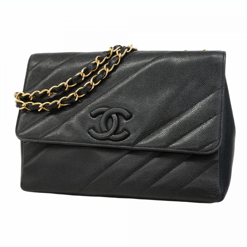 Chanel Shoulder Bag Bias Stitch Caviar Skin Black Gold Hardware Women