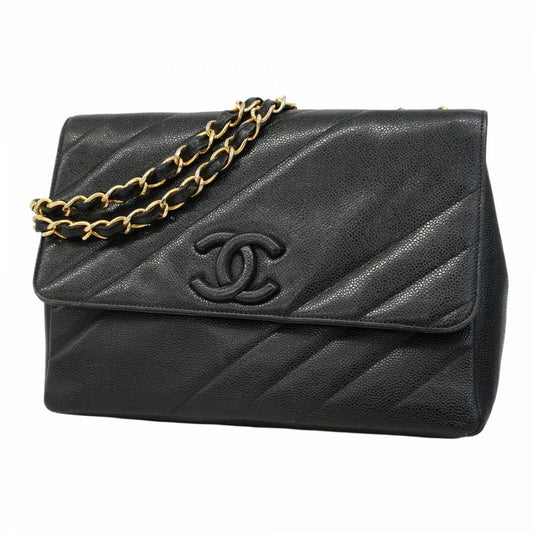 Chanel Shoulder Bag Bias Stitch Caviar Skin Black Gold Hardware Women