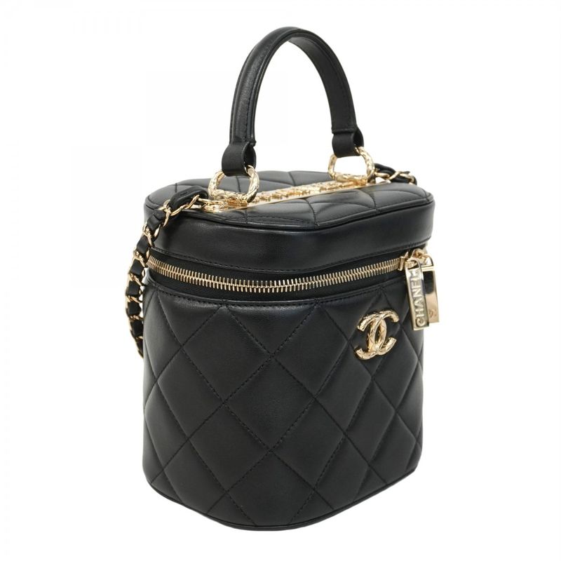 Chanel Vanity Bag Matelasse Lambskin Black Gold Hardware Women