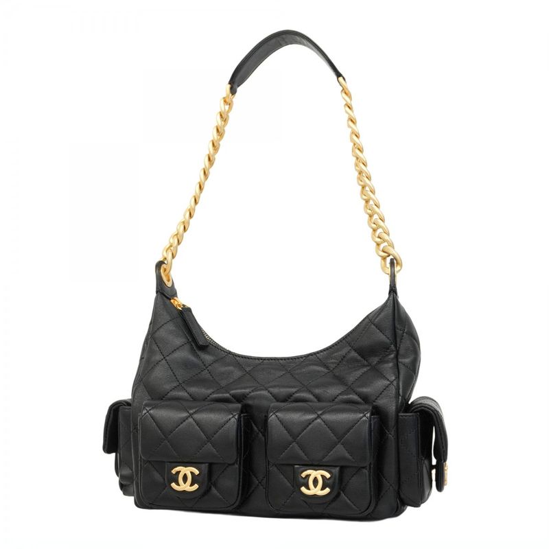 Chanel Shoulder Bag Matelasse Hobo Lambskin Black Gold Hardware Women