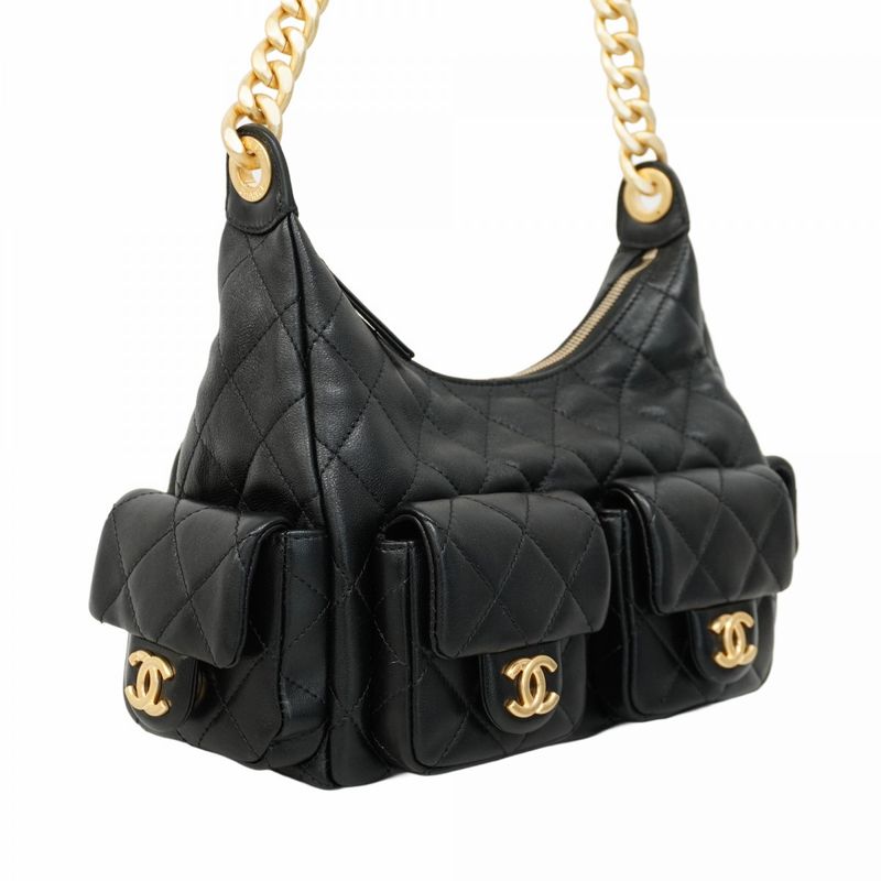 Chanel Shoulder Bag Matelasse Hobo Lambskin Black Gold Hardware Women