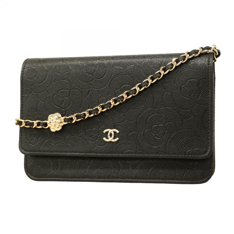 Chanel Shoulder Wallet Camellia Caviar Skin Black Chien Pan Gold Hardware Women