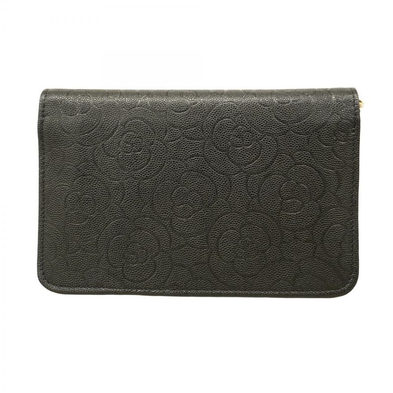 Chanel Shoulder Wallet Camellia Caviar Skin Black Chien Pan Gold Hardware Women