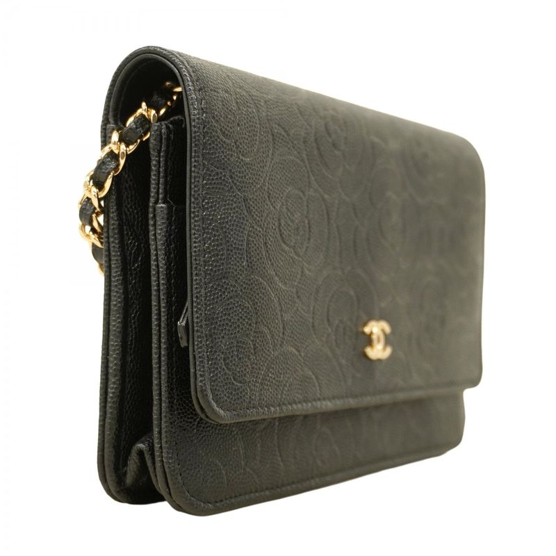 Chanel Shoulder Wallet Camellia Caviar Skin Black Chien Pan Gold Hardware Women
