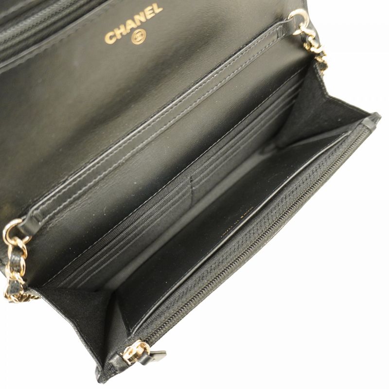 Chanel Shoulder Wallet Camellia Caviar Skin Black Chien Pan Gold Hardware Women