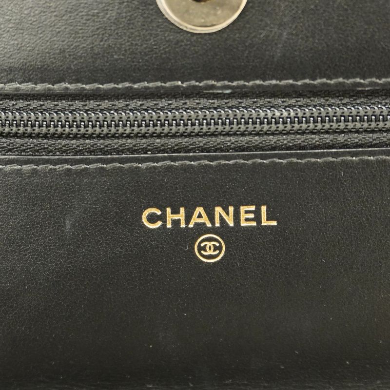 Chanel Shoulder Wallet Camellia Caviar Skin Black Chien Pan Gold Hardware Women