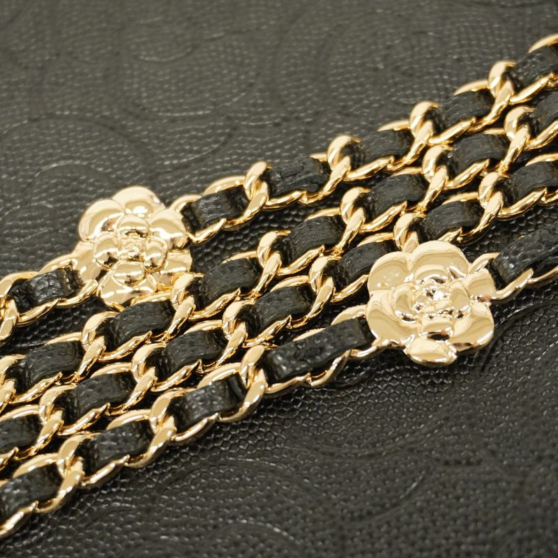 Chanel Shoulder Wallet Camellia Caviar Skin Black Chien Pan Gold Hardware Women