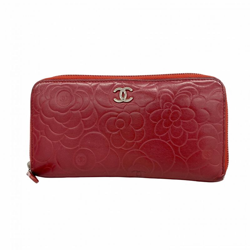 Chanel Long Wallet Camellia Lambskin Bordeaux Silver Hardware Women
