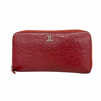 Chanel Long Wallet Camellia Lambskin Bordeaux Silver Hardware Women