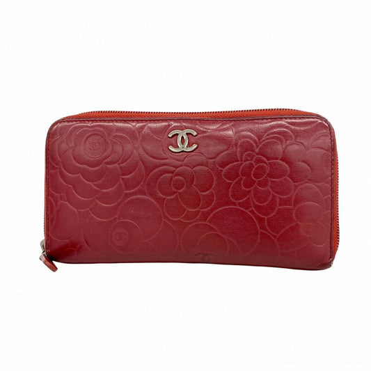 Chanel Long Wallet Camellia Lambskin Bordeaux Silver Hardware Women