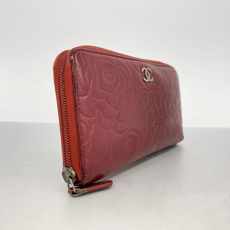 Chanel Long Wallet Camellia Lambskin Bordeaux Silver Hardware Women