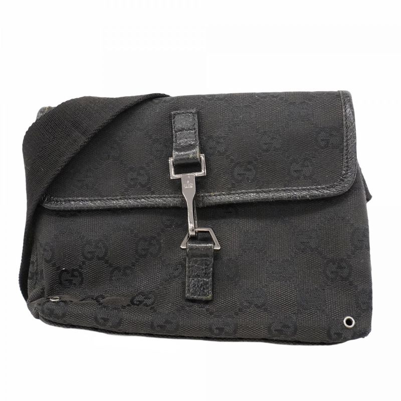 Gucci Waist Bag GG Canvas 92543 Canvas Black Silver Hardware Men Women Unisex