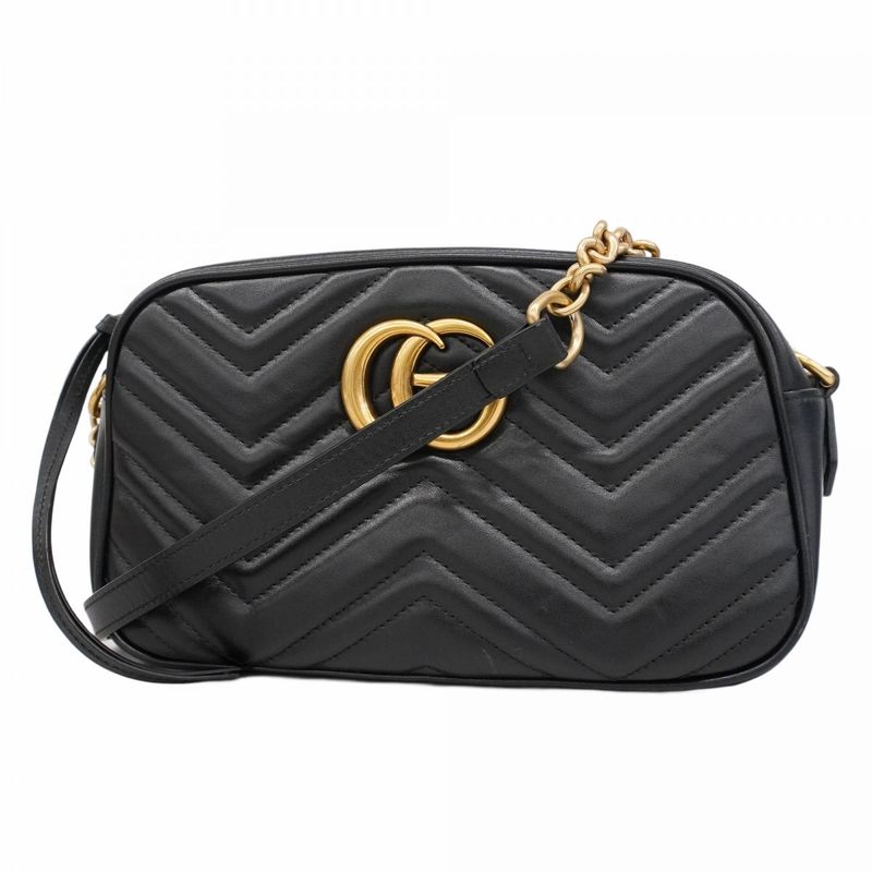 Gucci Shoulder Bag GG Marmont 447632 Leather Black Gold Hardware Women