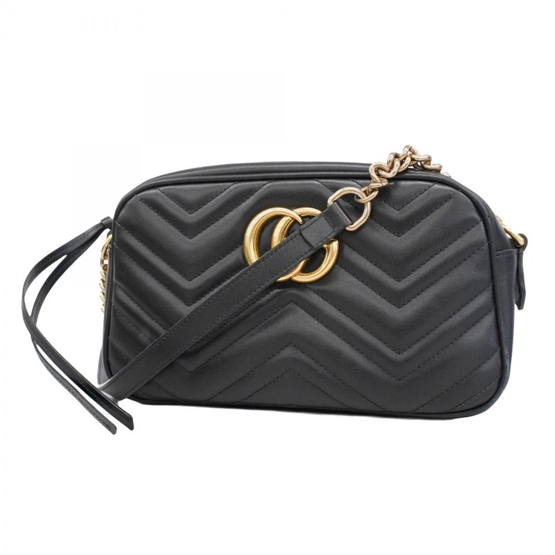 Gucci Shoulder Bag GG Marmont 447632 Leather Black Gold Hardware Women