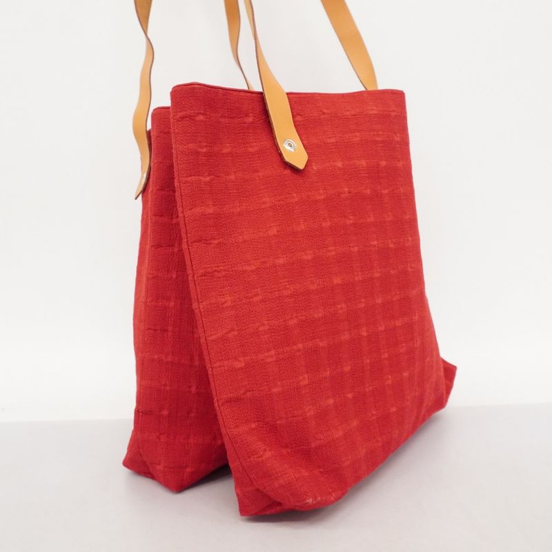 Hermes Shoulder Bag Amedava Cabas Deux Poches Canvas Red Silver Hardware Women