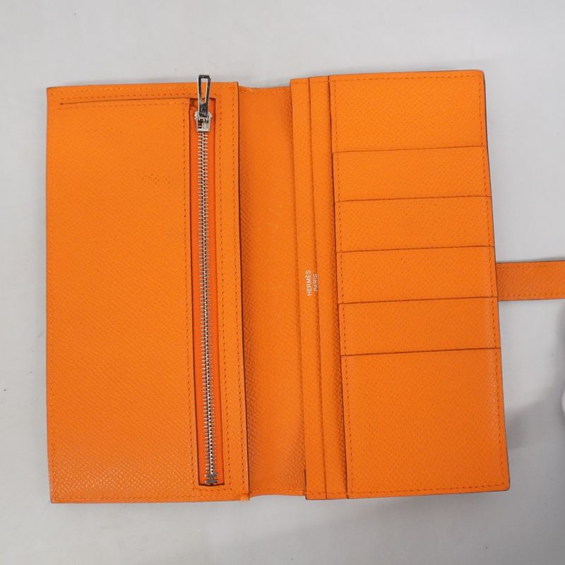Hermes Long Wallet Bearn Souffle Courchevel Orange Silver Hardware □F Engraved