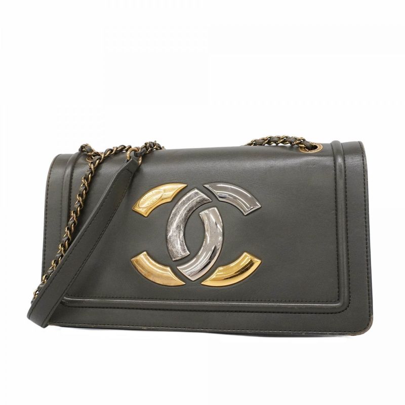 Chanel Shoulder Bag Leather Black Gold Silver Hardware Women