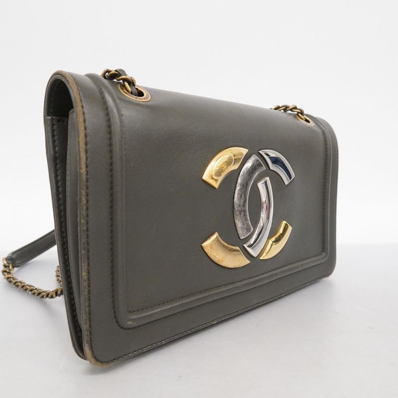 Chanel Shoulder Bag Leather Black Gold Silver Hardware Women