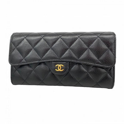Chanel Long Wallet Matelasse Caviar Skin Black Gold Hardware Women