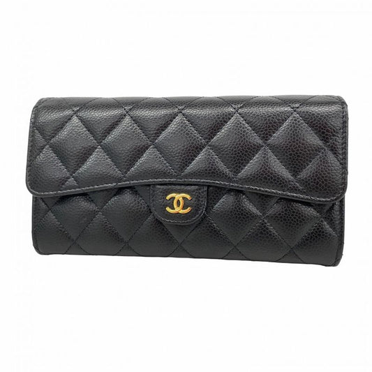 Chanel Long Wallet Matelasse Caviar Skin Black Gold Hardware Women