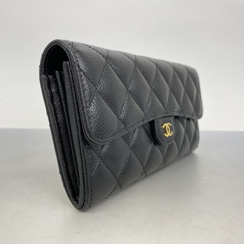 Chanel Long Wallet Matelasse Caviar Skin Black Gold Hardware Women