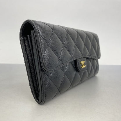 Chanel Long Wallet Matelasse Caviar Skin Black Gold Hardware Women