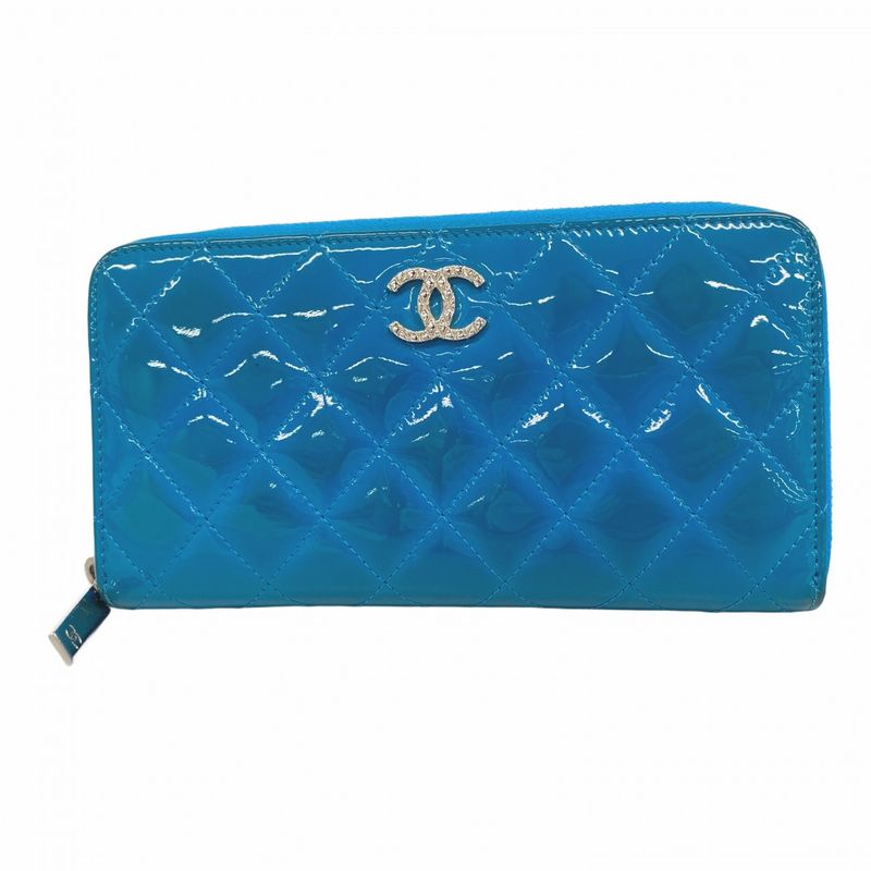 Chanel Long Wallet Patent Leather Turquoise Blue Silver Hardware Women