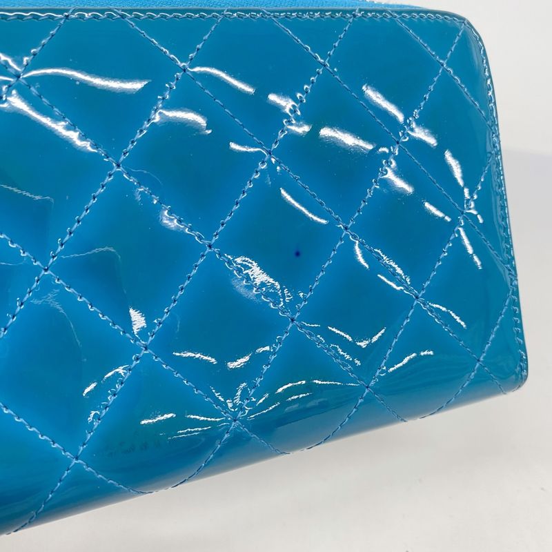 Chanel Long Wallet Patent Leather Turquoise Blue Silver Hardware Women