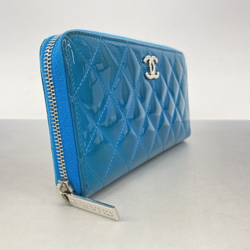 Chanel Long Wallet Patent Leather Turquoise Blue Silver Hardware Women
