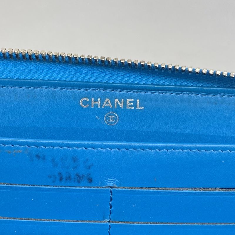Chanel Long Wallet Patent Leather Turquoise Blue Silver Hardware Women
