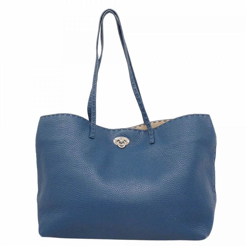 Fendi Tote Bag Selleria Leather Blue Silver Hardware Women