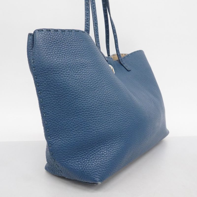Fendi Tote Bag Selleria Leather Blue Silver Hardware Women