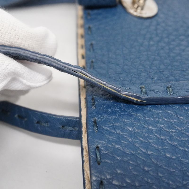 Fendi Tote Bag Selleria Leather Blue Silver Hardware Women
