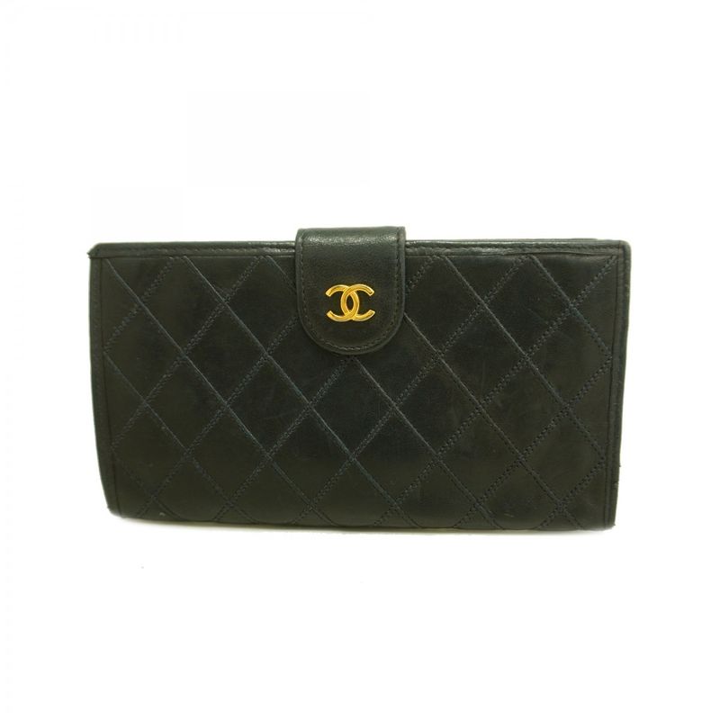 Chanel Long Wallet Bicolore Lambskin Black Gold Hardware Women